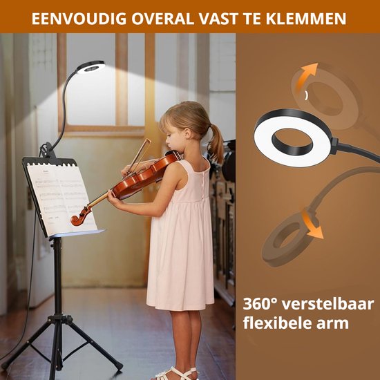 Meisje speelt viool bij muziekstandaard verlicht door ringlamp. 360° flexibele arm.