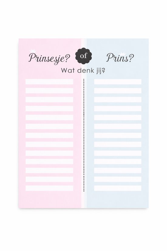 Invulposter 'Prinsesje of Prins? Wat denk jij?' in roze en blauw met schrijflijnen.