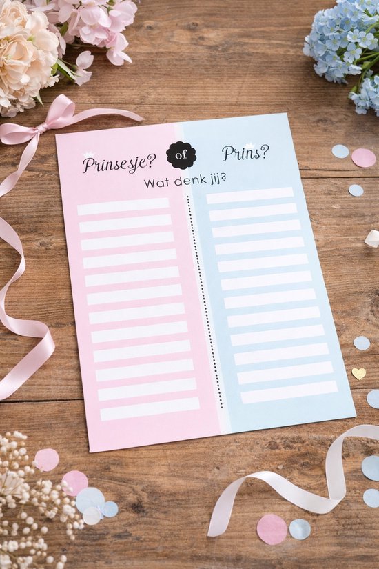 Invulposter 'Prinsesje of Prins? Wat denk jij?' met roze en blauwe vakken, omringd door linten en bloemen.