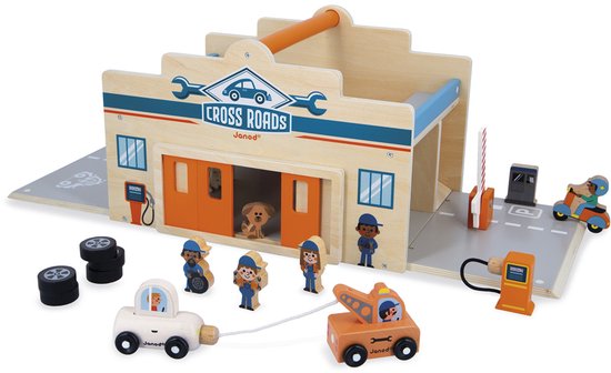 Houten "Cross Roads" garage van Janod met twee autootjes, pompen, banden en figuurtjes.