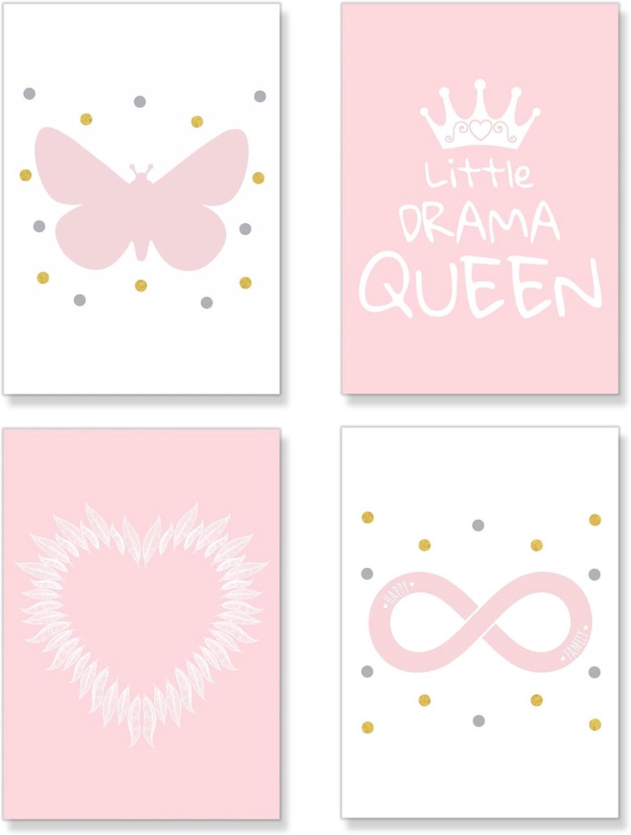Set Wanddecoratie Kinderkamer Meisjes Roze - 4x A4 Posters Vlinder Hart Babykamer Muurdecoratie