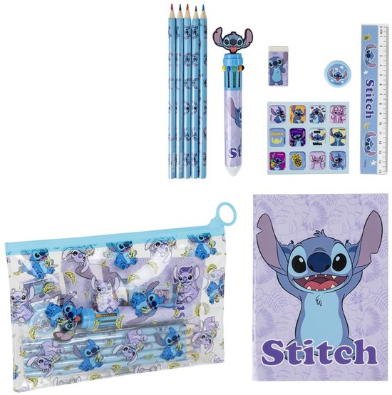 Transparante etui met Stitch print, gevuld met pennen, potloden en een liniaal.