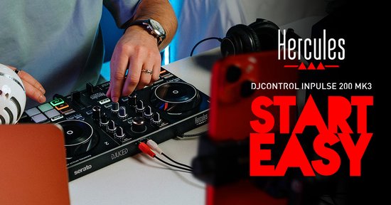 Handen van een DJ die de DJControl Inpulse 200 MK3 bedienen, met tekst 'START EASY'.
