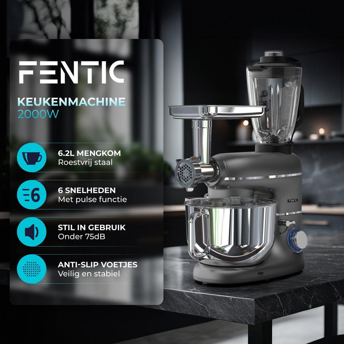 1500 W keukenmachine en mixer combinatie, 2,5 l hakmolen voor vlees 1500 W keukenmachine en mixer combinatie, 2,5 l hakmolen voor vlees