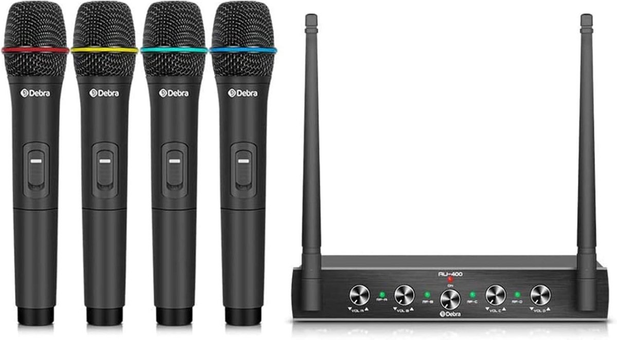 Draadloze 4-Kanaals Microfoonset met Handheld Microfoons en Metalen Ontvanger voor Karaoke en Presentaties