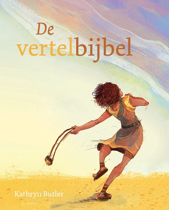 Boekomslag van 'De vertelbijbel' met een illustratie van een vrouw die met een slinger gooit in een zanderig landschap.