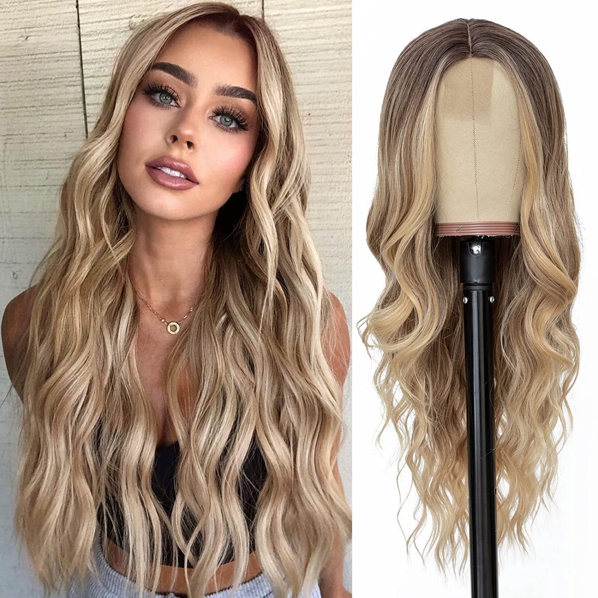 Oneay Ombre blonde damespruik 66 cm – Natural Body Wave pruik met lace scheiding – Hittebestendig synthetisch haar – Kleurverloop van bruin naar blond