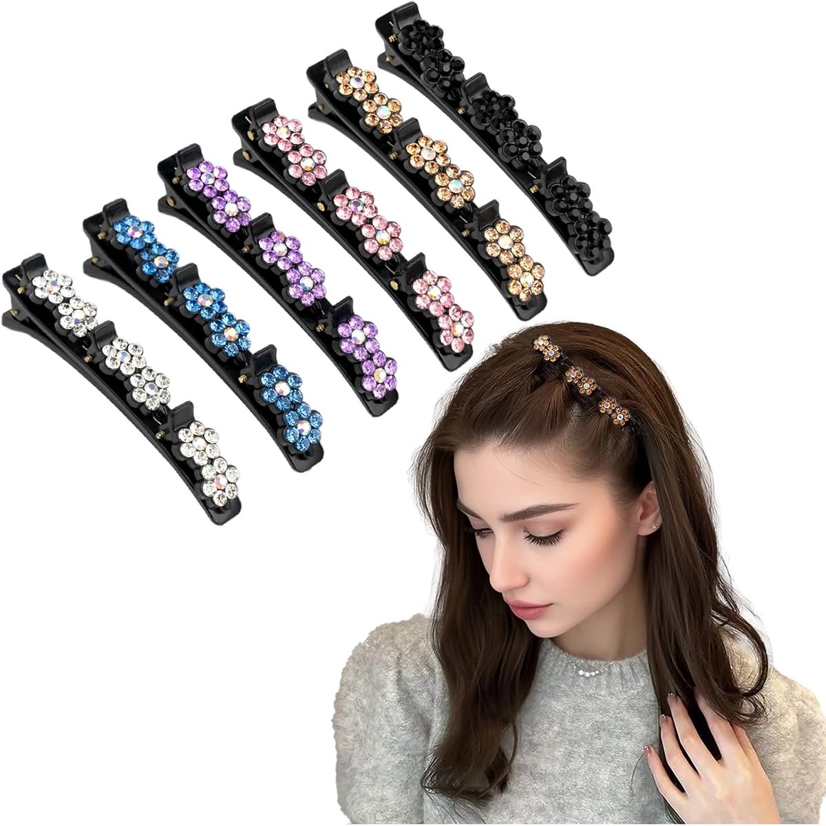 6x Dubbellaagse Haarspeldjes met Kristallen Bloemen - Mooie Vlecht Haaraccessoires