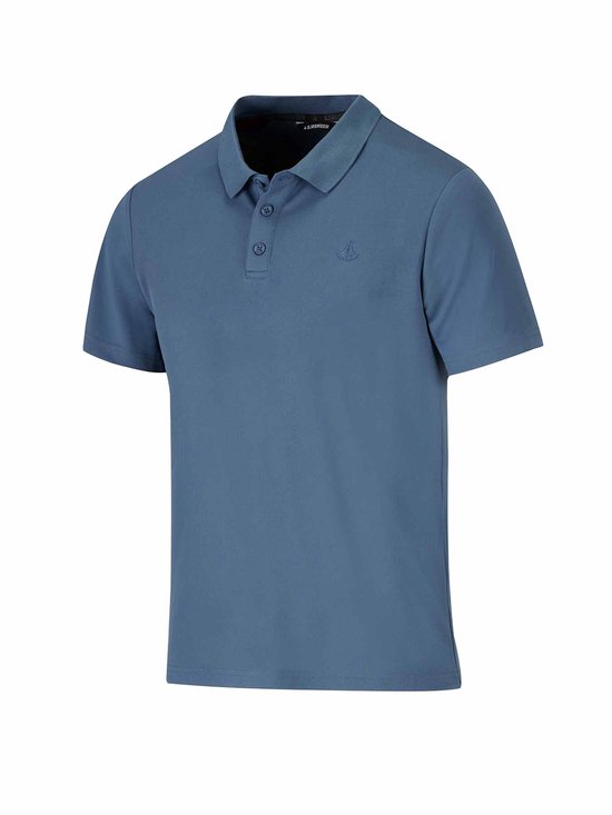 Blauw poloshirt met korte mouwen en geborduurd logo op de borst.