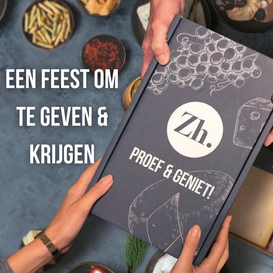 Twee handen houden een gesloten cadeaubox vast met het Zh. logo "Proef & Geniet!".