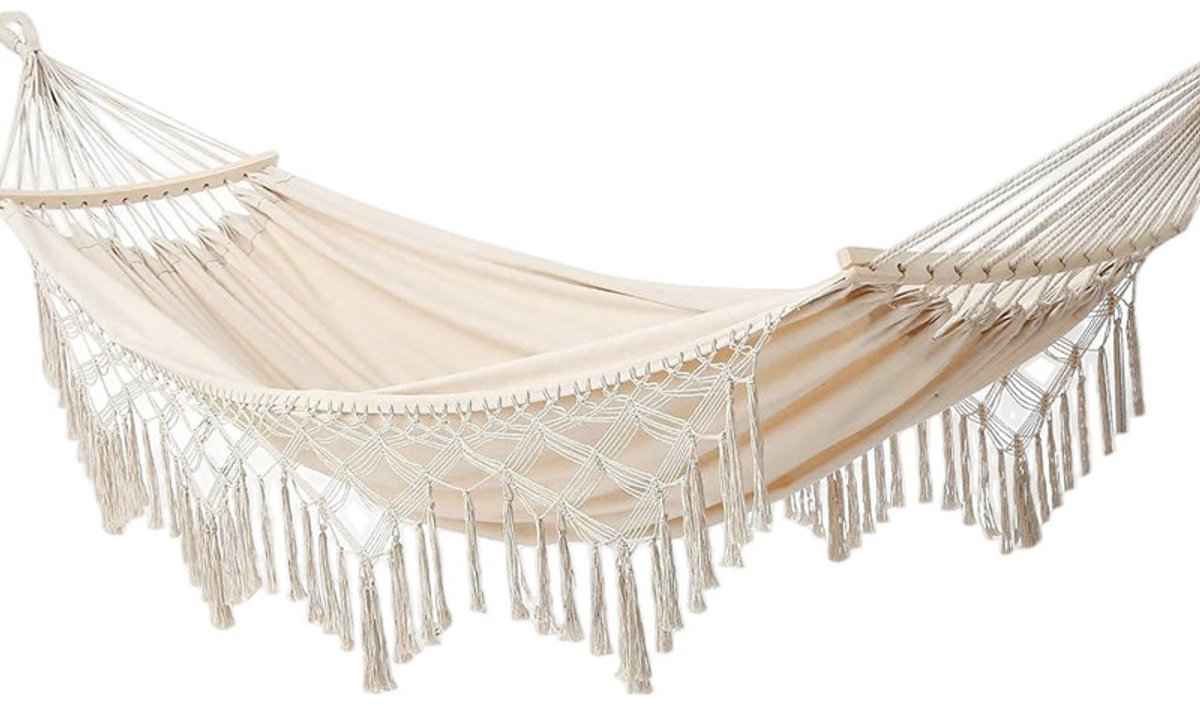 Hangmat - Hangende schommel - Deluxe dubbele hangmat met kwastjes Handgeweven vakmanschap, geschikt voor gebruik binnen en buiten Geschikt voor binnenplaatsen, tuinen en kamperen