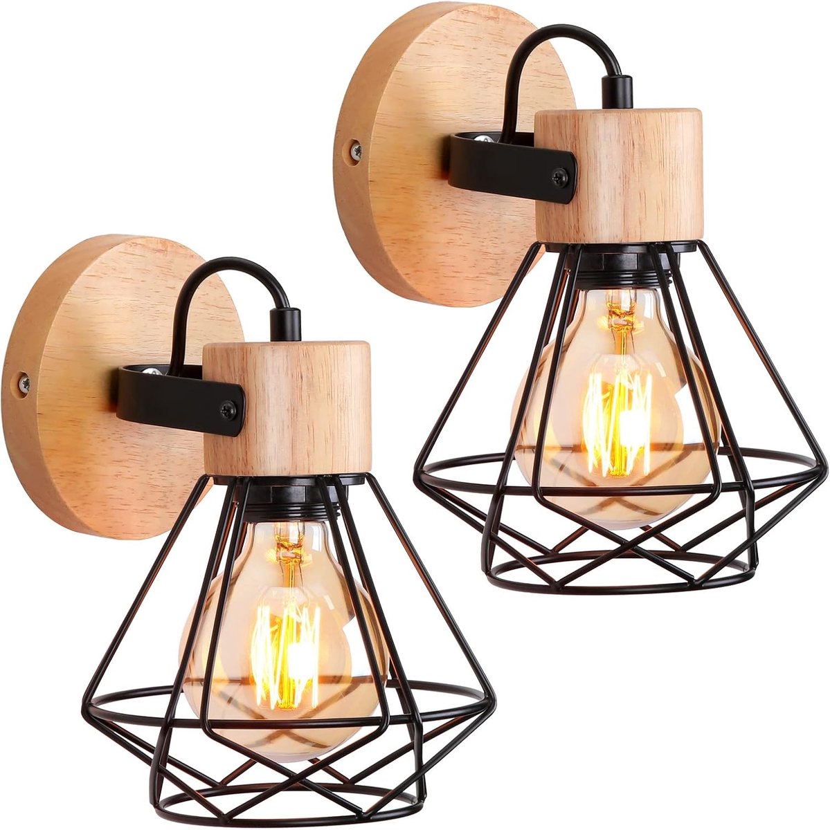 Set van 2 Industriële Wandlampen Zwart - Vintage Houten Wandverlichting met Kooi-Design - E27