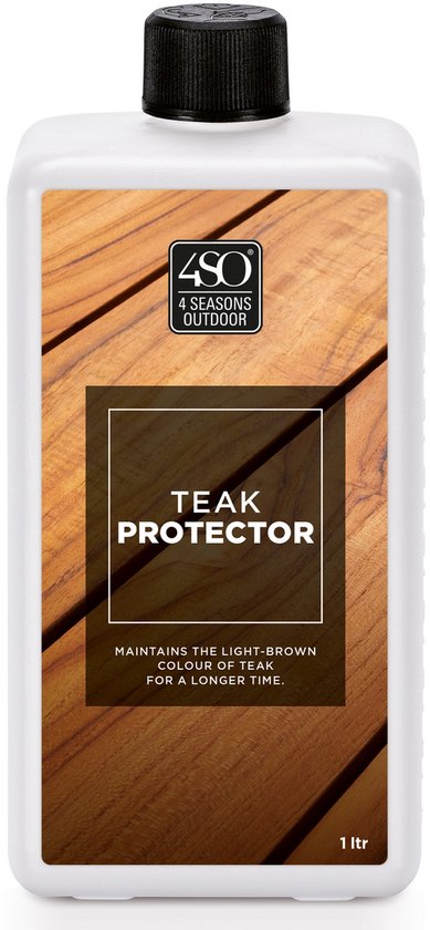 Wit flesje 4SO Teak Protector met zwarte dop. Label met houtstructuur, 'TEAK PROTECTOR' en 'MAINTAINS THE LIGHT-BROWN COLOUR OF TEAK FOR A LONGER TIME.' 1 ltr.