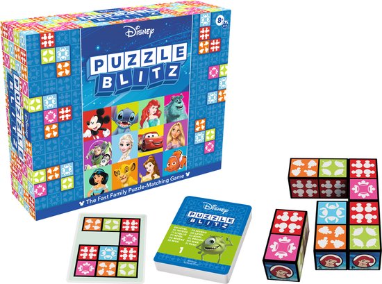 Disney Puzzle Blitz spel met doos, kubussen, kaarten en een speelbord.