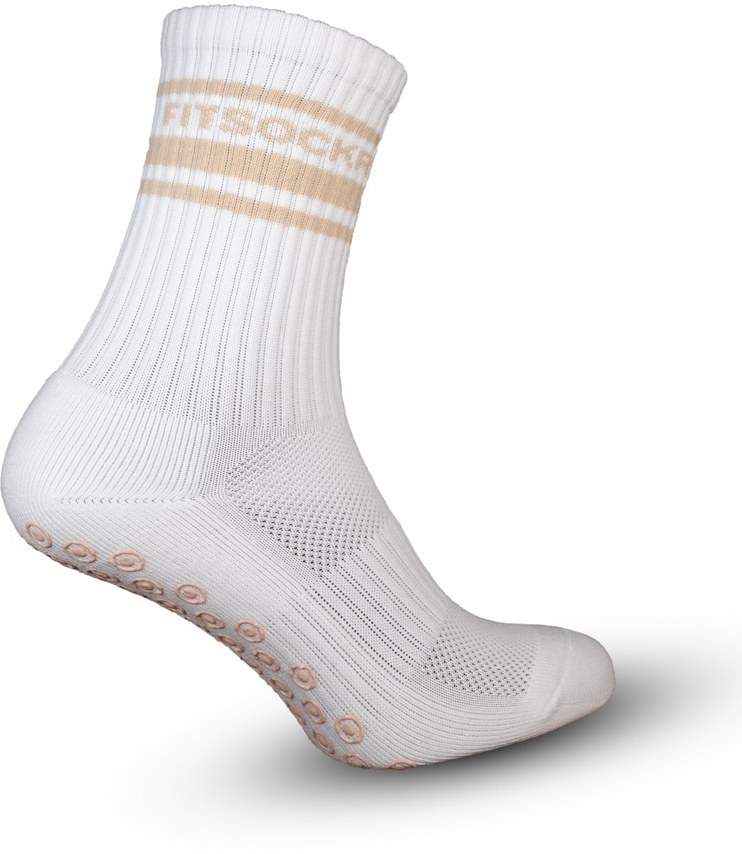 FitSockr Gripsokken Line - Sportsokken met grip - Grip socks - Antislip Sokken Heren/Dames/Kind - Gripsokken voor Voetbal/Fitness/Basketbal/Padel - Wit Beige - Maat 32/36