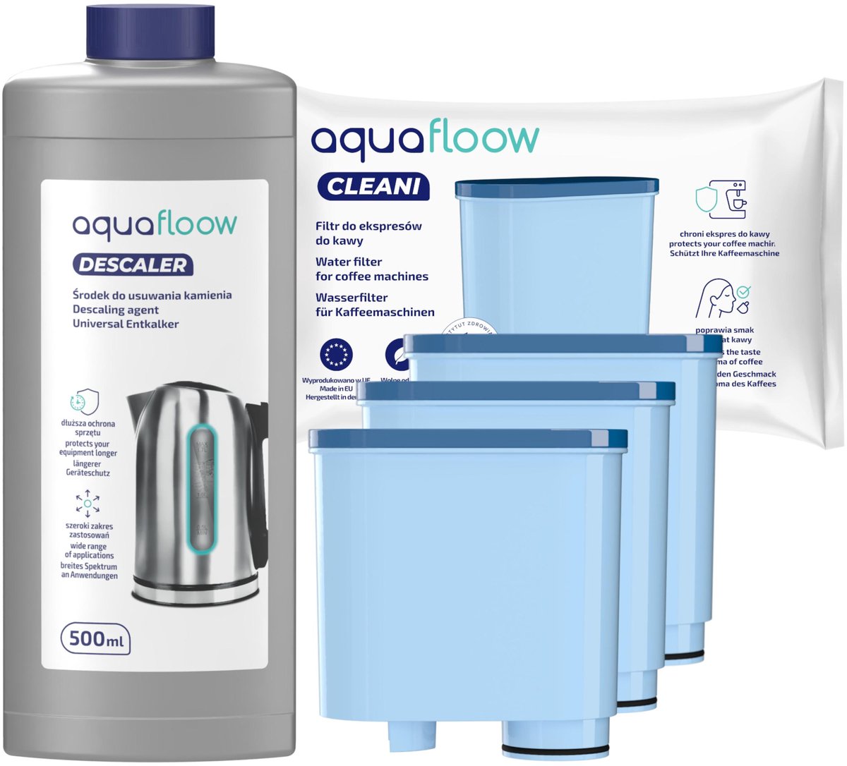 AquaFloow 3x Waterfilter voor Philips/Saeco Koffiemachine – Vervanging voor AquaClean CA6903/00 en CA6903/10 – met Ontkalker 500 ml