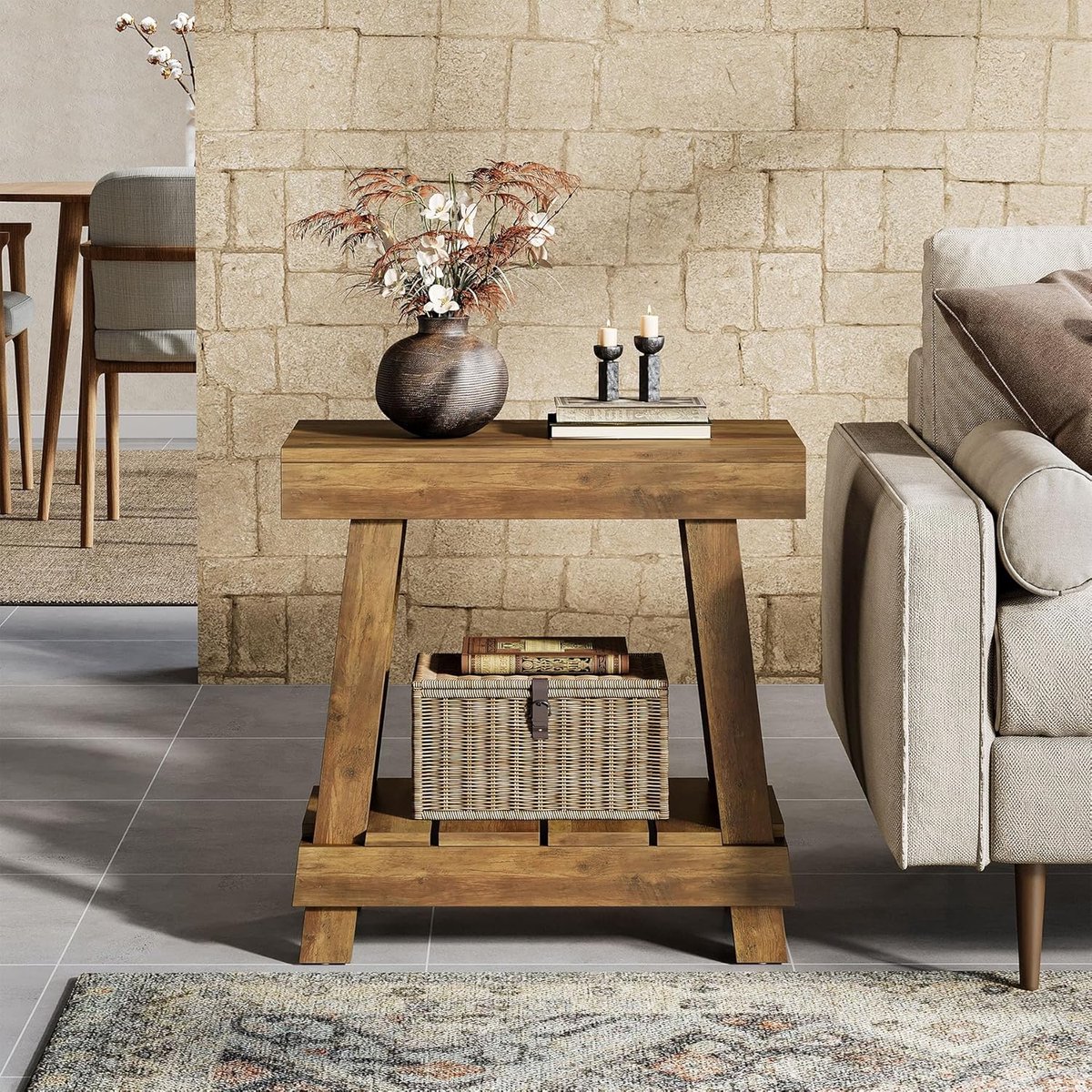 LITTLE TREE Eindtafeltje - Met 2-Tier Opbergplanken - Landelijk Stijl - Bijzettafeltje met Stevig Onderstel - Voor Woonkamer & Slaapkamer