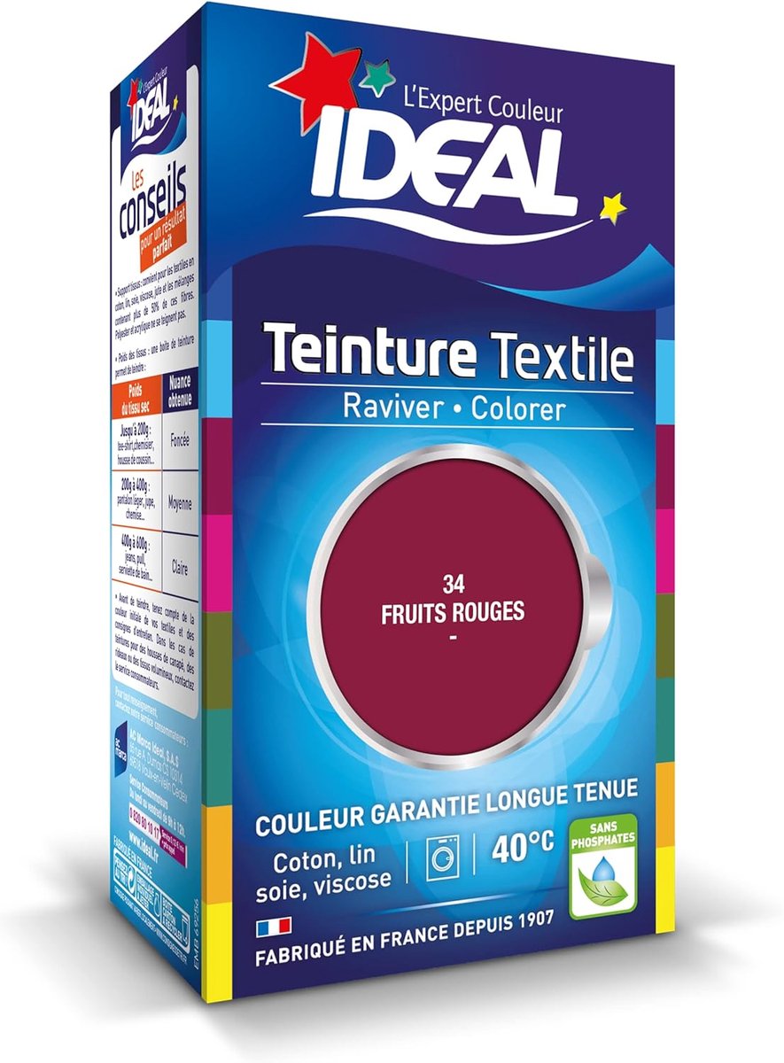 IDEAL Liquid Fabric Dye Mini 34 Red Fruits – Textielverf met Fixatief – Dieprode Fruitkleur – Voor Katoen, Linnen, Zijde & Viscose – 40°C – Made in France