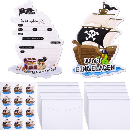 12x Piraten Uitnodigingen Kartonnen Kaarten met Enveloppen en Stickers voor Kinderverjaardag Feest