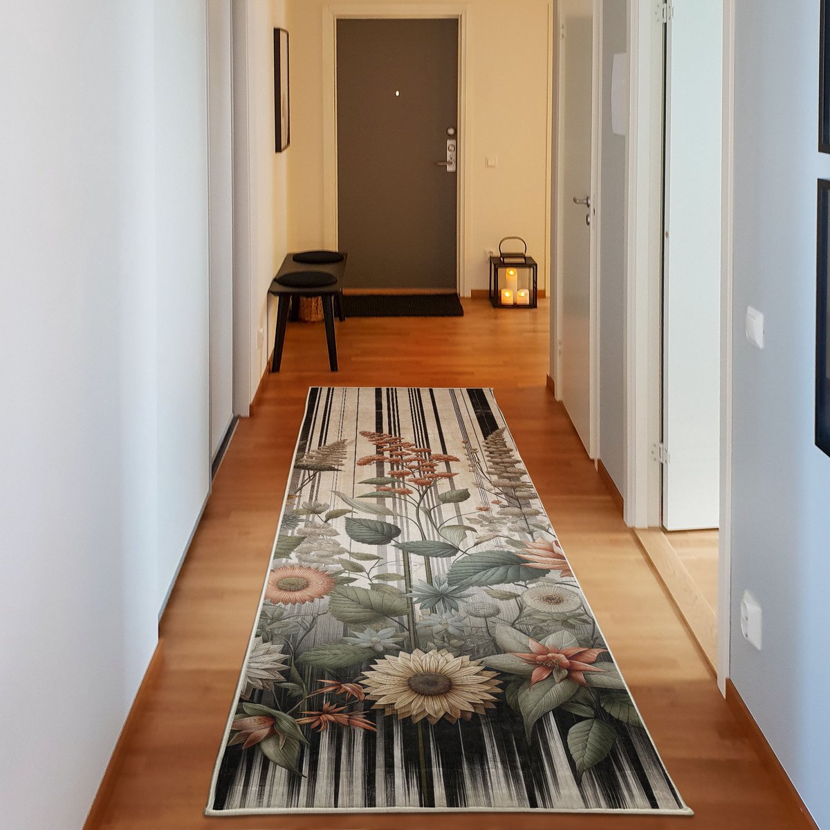 ABAKUHAUS Botanisch Decoratief Tapijt, Nostalgische Tuin in Lijnen, Hoogwaardig Vloerkleed voor Slaap- en Woonkamer, 76x229 cm, Saliegroen
