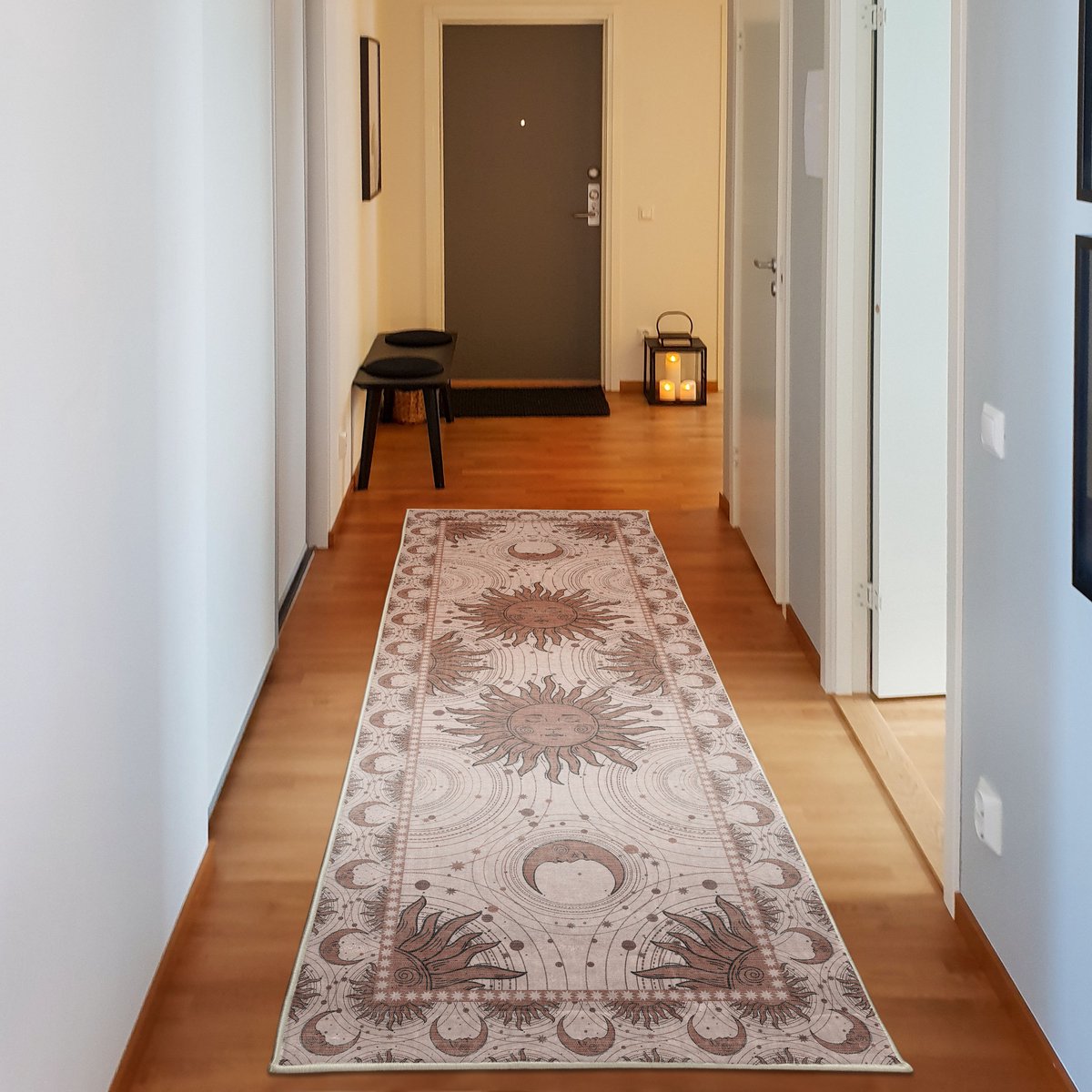 ABAKUHAUS Decoratief vloerkleed met zon en maan, hoogwaardig vloerkleed voor slaapkamer en woonkamer, 76x229 cm, chocoladebruin