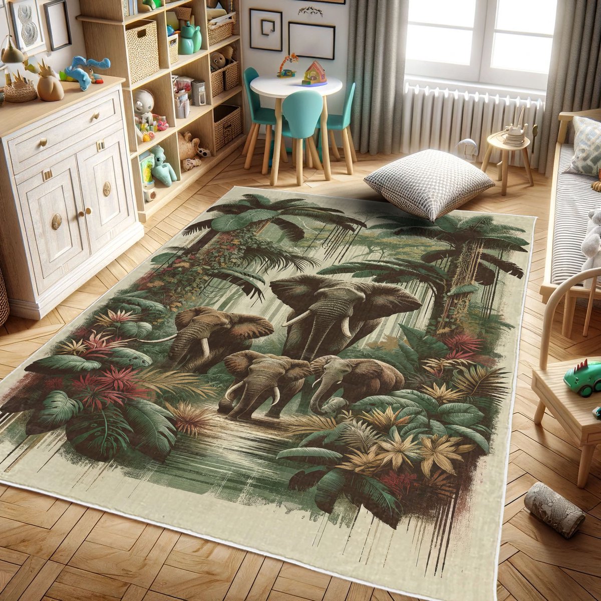 ABAKUHAUS Decoratief vloerkleed met olifanten, Wilde Olifanten, Hoogwaardig vloerkleed voor slaapkamer en woonkamer, 60x152 cm, Jadegroen Karamel