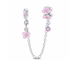 Fler® | Bedel | Past op populaire bedelarmbanden (standaard - 3mm) | Roze Bloemen Veiligheidsketting | Hangbedel Charm | 925 sterling zilver | Roze zirkonia | Roze emaille | Armband Kraal | Valentijnsdag Cadeau | Sinterklaas kado | Kerstcadeau
