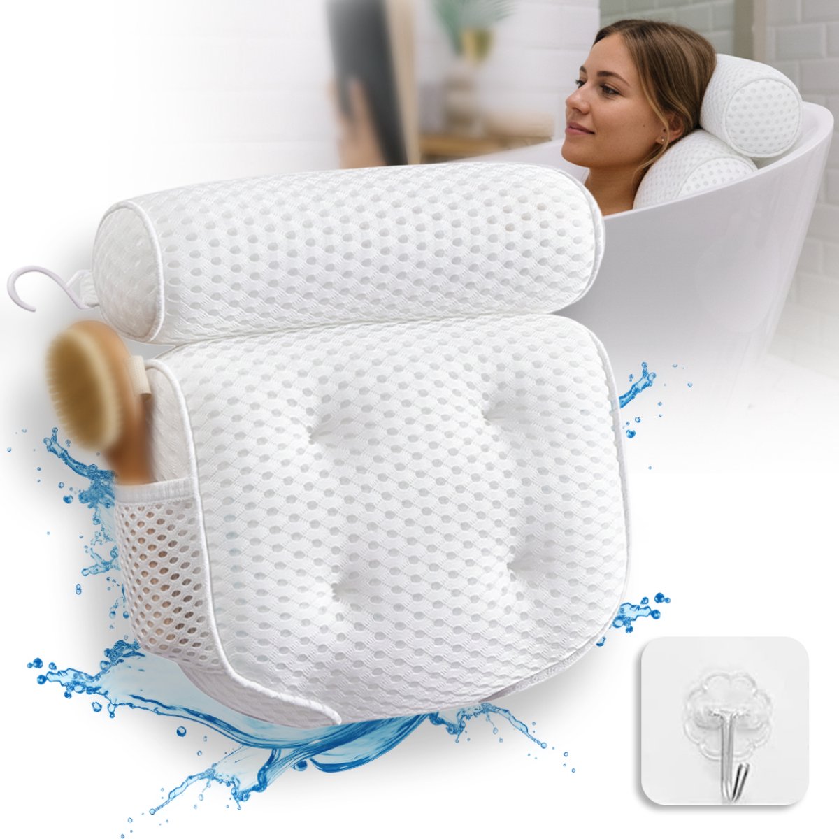 Badkussen (34,5x38cm) Claesson Living – Met Hoofdsteun (9,5 cm dik) voor Nek, Rug en Hoofd – 4 Sterke Zuignappen – Inclusief Ophang- en Drooghaak – Wit