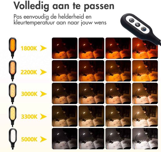 imoshion LED Leeslamp - Leeslampje voor Boek met Klem - Klemlamp met 5 Lichtstanden - Oplaadbaar Leeslampje voor in Bed - Zwart
