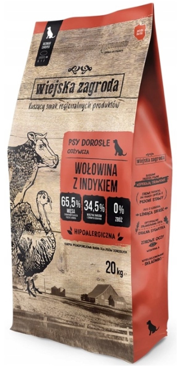 WIEJSKA ZAGRODA Wiejska Zagroda - Hondenvoer - Rund z indykiem - Large (Maat L) - 20 kg - Graanvrij - Voor Grote Rassen