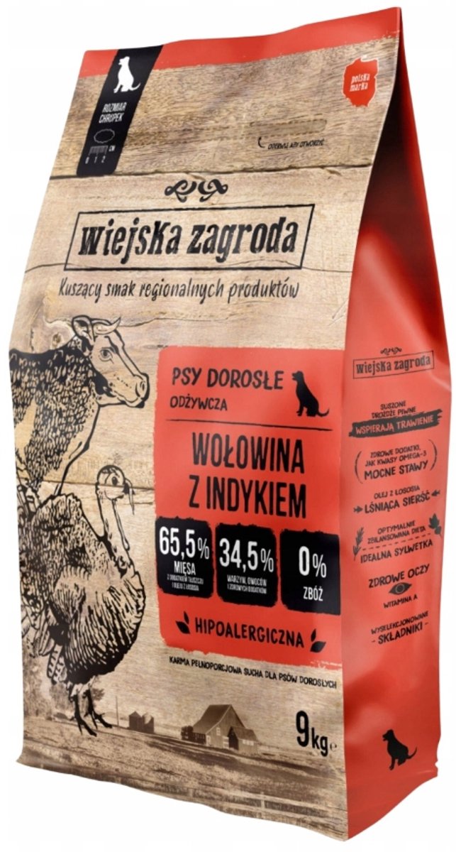 WIEJSKA ZAGRODA Wiejska Zagroda - Hondenvoer - Rund & Kalkoen - Maat L - 9 kg - Graanvrij & Hypoallergeen - Voor Volwassen Grote Honden
