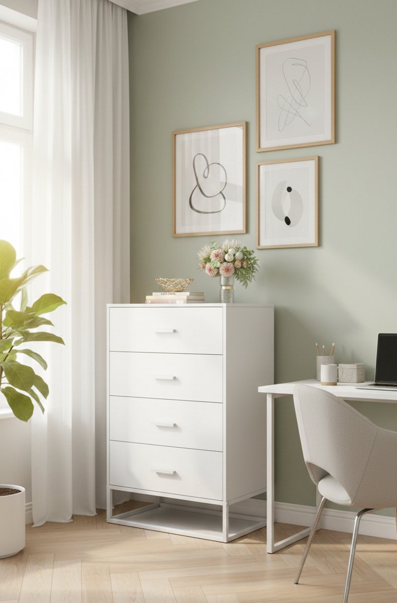 MetroLine Houten Commode 4 Laden – Moderne Witte Ladekast – Nachtkastje en Opbergmeubel – 54 x 36 x 83 cm – Voor Slaapkamer, Woonkamer & Hal - House&Garden