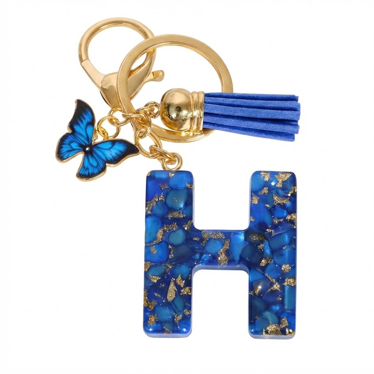 Blauwe letter H sleutelhanger met kwastje en vlinder – sleutelhanger voor dames – goudkleurige metalen keychain met acryl initiaal H hanger, decoratieve bedel en tassel