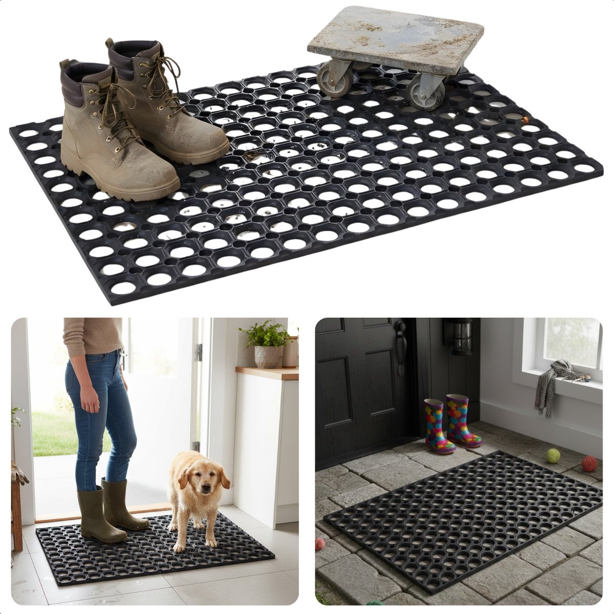 Cheqo® Rubberen Deurmat - Deurmat Rubber - Deurmat Buiten - Buitendeurmat - Deurmat Binnen - Deurmat Binnen en Buiten - Schraapmat - Deurmat Antislip - Waterbestendige Deurmat - Rubber Ringmat - Deurmat Zwart