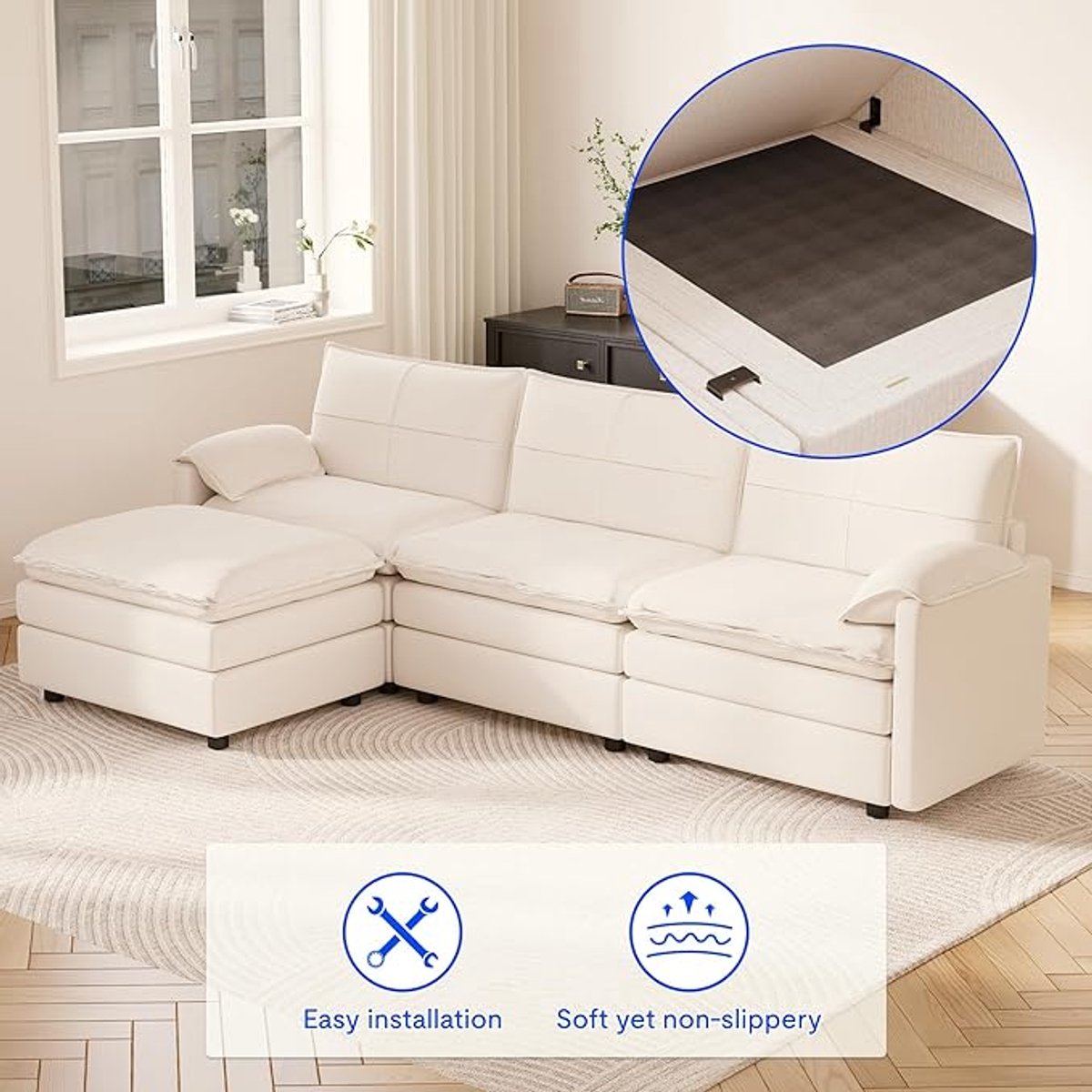 Hoekbank 255 x 130 x 116 cm L-vormig met Opbergruimte en Hocker – Modulaire 4-Zits Bank met Slaapfunctie, Microvezel Wit – Modern Design – Aurora Living – Pauwhome