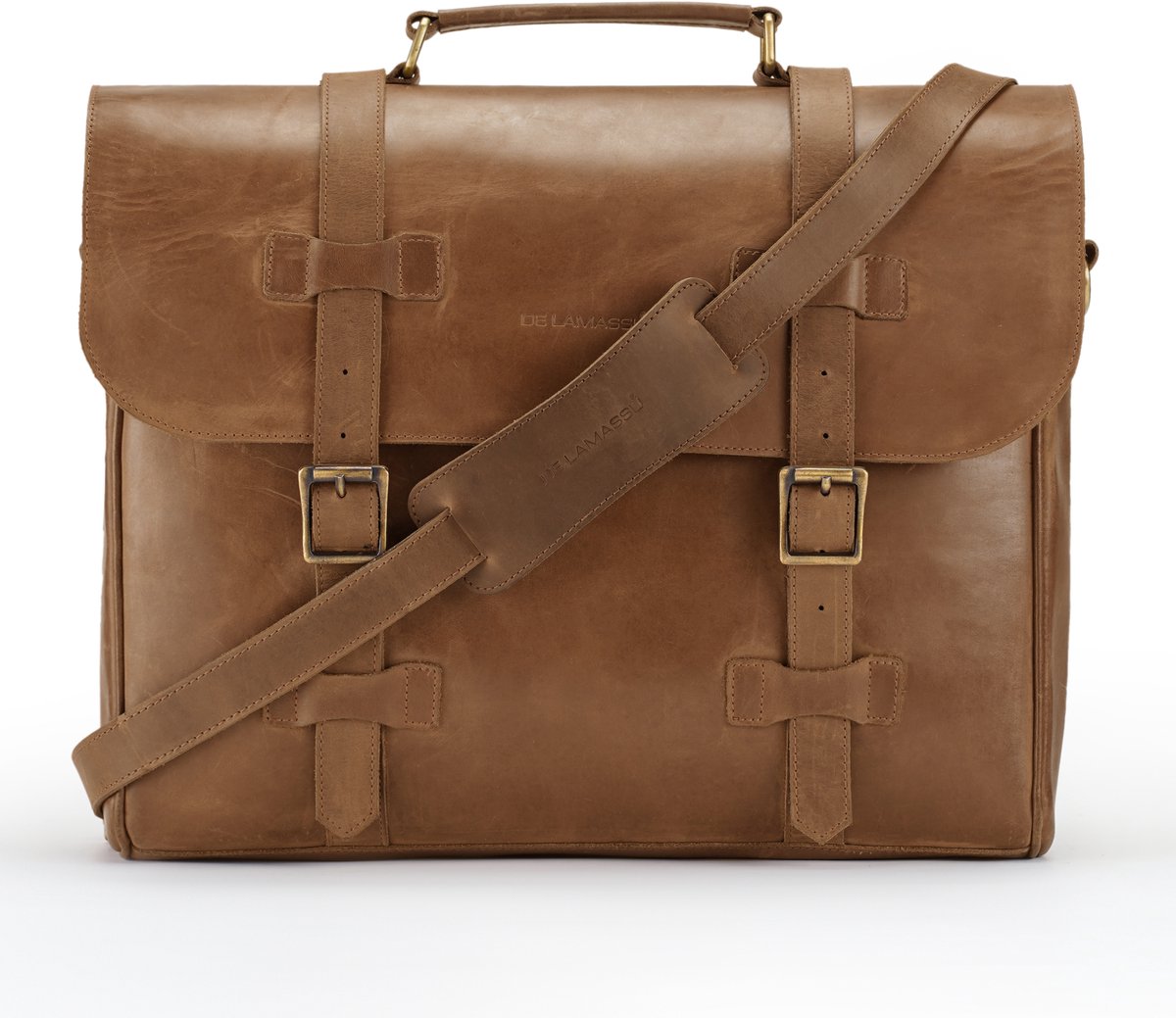 DE LAMASSU® Bastien Leren Aktetas 17 inch – Unisex Business Laptoptas van Volnerf Rundleer – Vintage Werktas met Dubbele Gesp