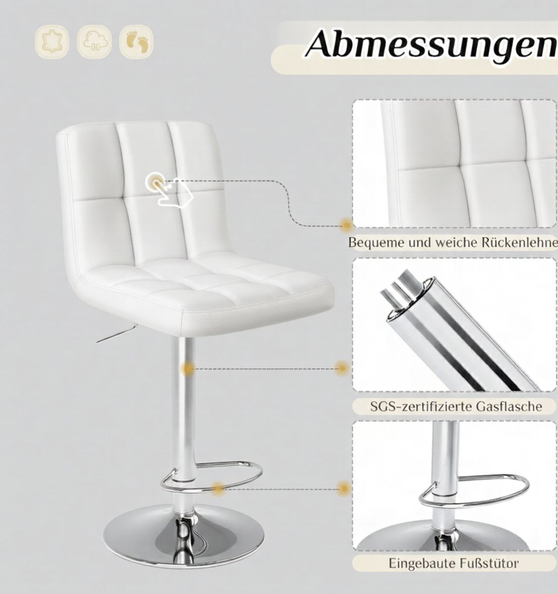 Barkrukken Set van 2 – House&Garden Aurora Luxe PU Lederen Verstelbare Barstoelen – 360° Draaibaar – Met Rugleuning & Voetensteun – Modern Design – Wit