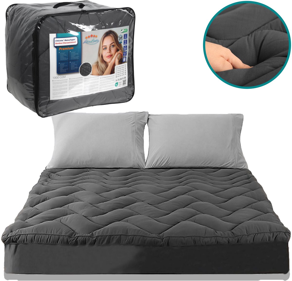 Matrastopper 1000GSM – Bamboe Houtskool Topdekmatras – Anti-Allergisch, Ventilerend & Extra Comfort – LitaLente® - 180x200