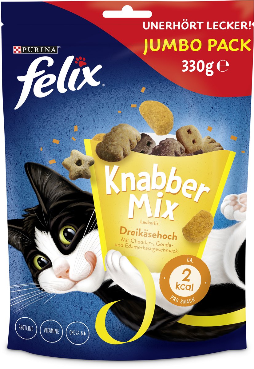 FELIX Knabber Mix Dreikäsehoch Knapperige kattensnack, 1 x 330 g