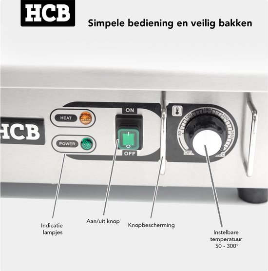 HCB® - Professionele Horeca Bakplaat - 1/2 geribbeld - 230V - RVS / INOX - Electrisch Grill apparaat - 47.5x55x22 cm (DxBxH) - 23 kg - 2569 — afbeelding 4