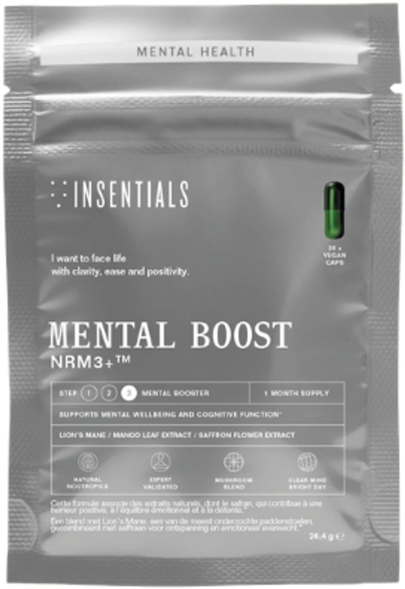 Insentials Mental Boost (NRM3+) - Natuurlijke Nootropics - Positieve ingesteldheid - Overprikkeling - Ondersteuning brein - Bevordert relaxatie - Lion’s Mane, mangiferine & safranal - 30 capsules