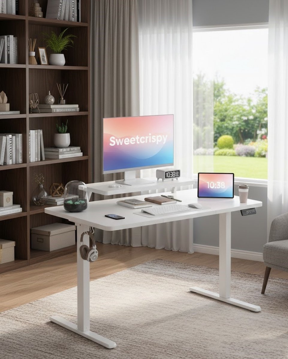 Ergonomisch Elektrisch In Hoogte Verstelbaar Bureau 120x60 cm – Sta-Zit Bureau met Monitorstandaard – Modern Computertafel Wit – Ergonomische Werkplek Thuis en Kantoor House&Garden
