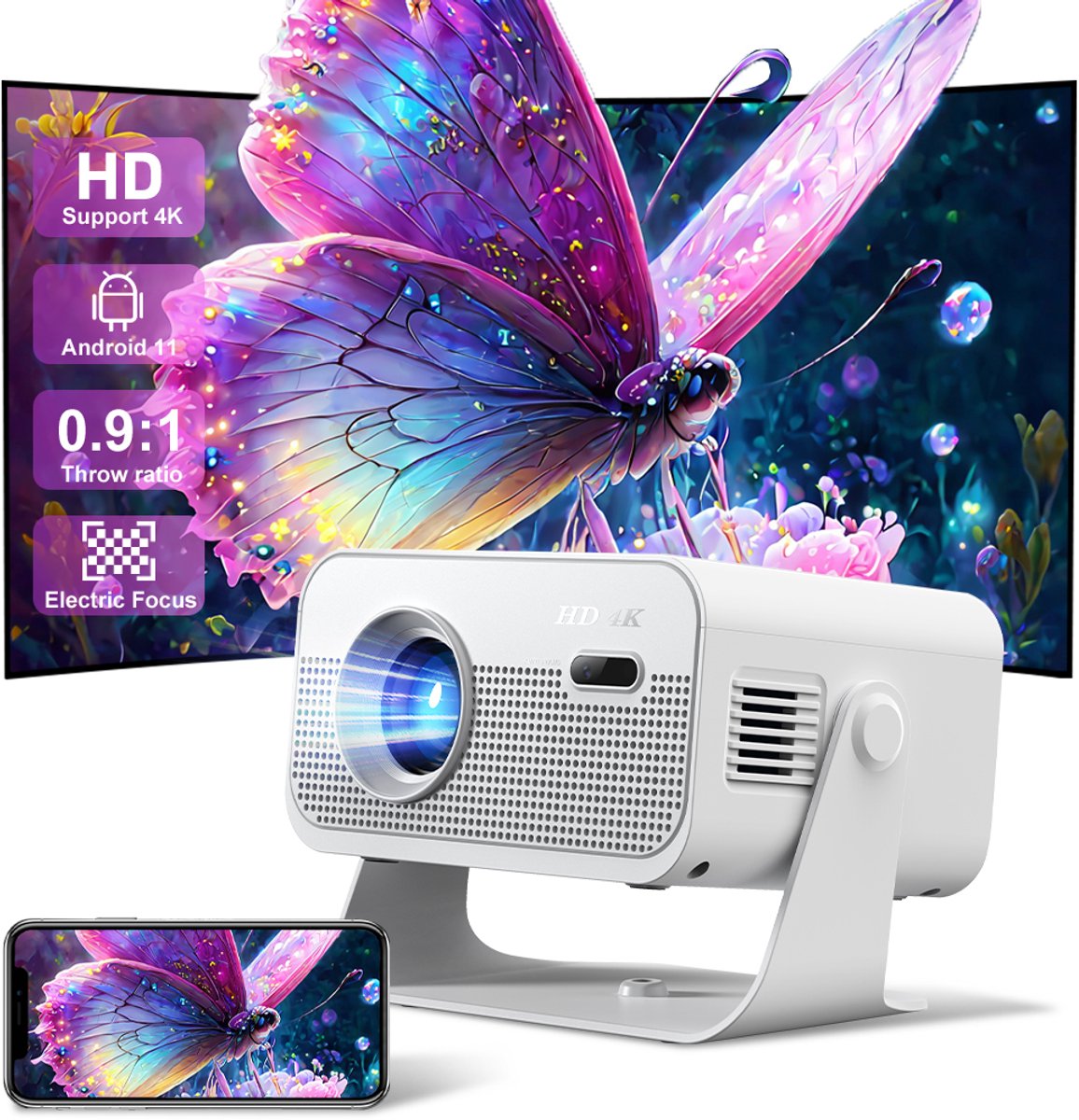 Bol.com 123Beamer® A6 - Projector - 4K ondersteuning - Android 11.0 - Ingebouwde speaker - aanbieding