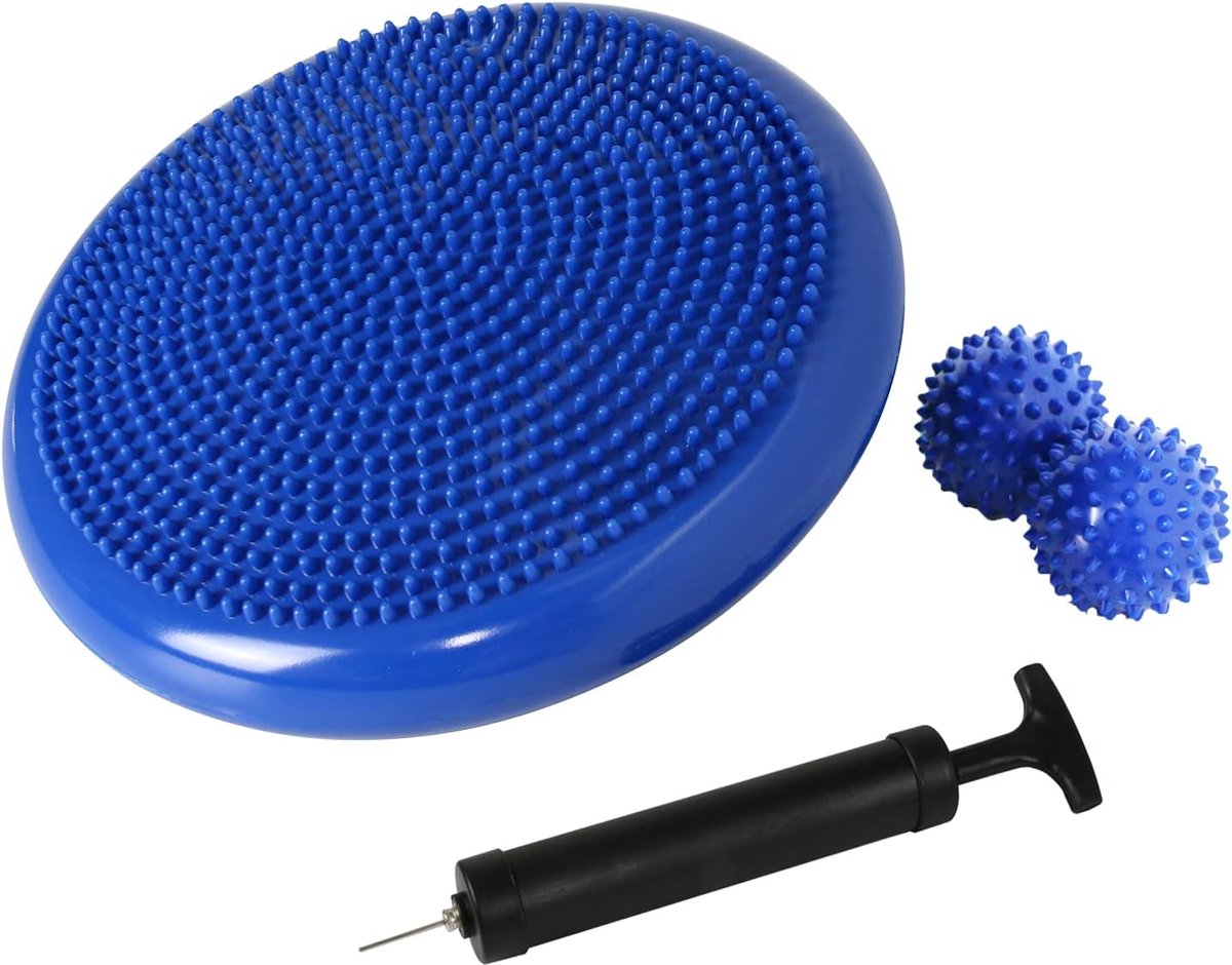 Wiebelkussen - Balanskussen - Balkussen - Komfortabel Zitten - Volwassenen en kinderen - Balansbord - Balance Board - Balanstrainer - Balansbal - Fitnessbal - Blauw - 34 cm met Handpomp en 2 Massage Ballen - van Imperatoris