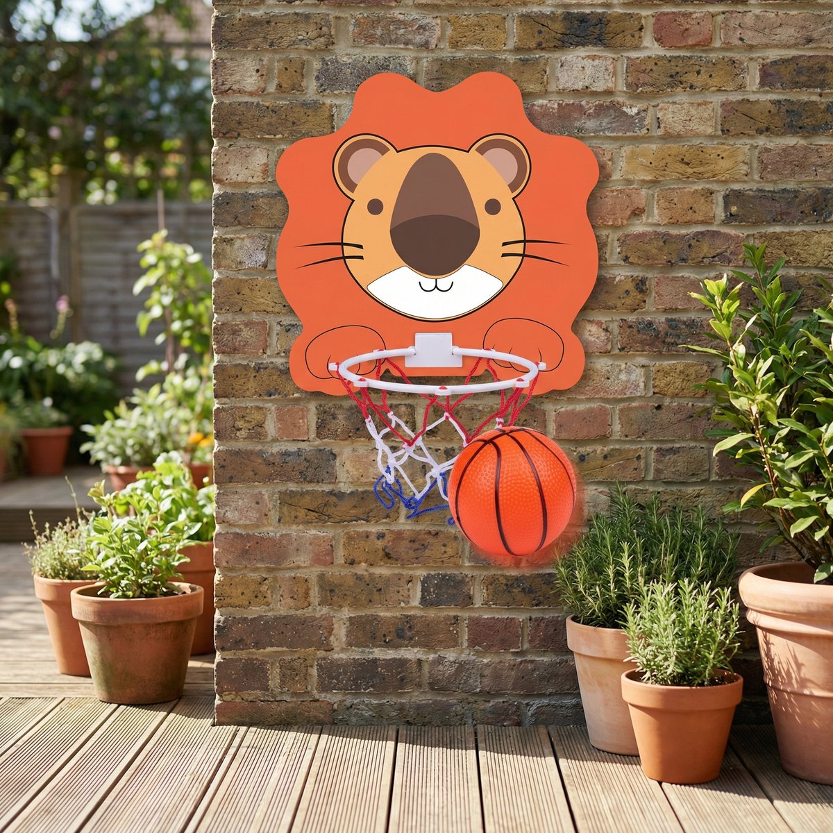 Eddy Toys basketbal set leeuw - basketbal set met leeuw bord en ring - kinder basketbal set met net en bal - basketbalbord voor binnen - oranje/wit/rood