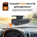 Faas dashcam met meegeleverde 64GB micro SD kaart. Direct gebruiksklaar. Getoond in een auto met de achterkant van de dashcam zichtbaar.