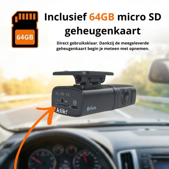 Faas dashcam met meegeleverde 64GB micro SD kaart. Direct gebruiksklaar. Getoond in een auto met de achterkant van de dashcam zichtbaar.