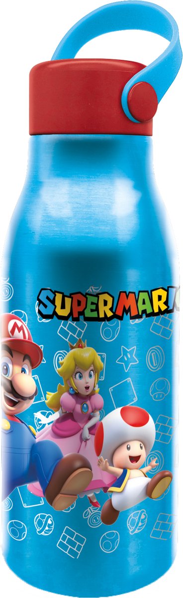 Nintendo's Super Mario Aluminium Drinkfles – 760 ml – Met rubberen draaglus – Sluit goed af – Drinkfles voor kinderen – Lichtblauw/Rood
