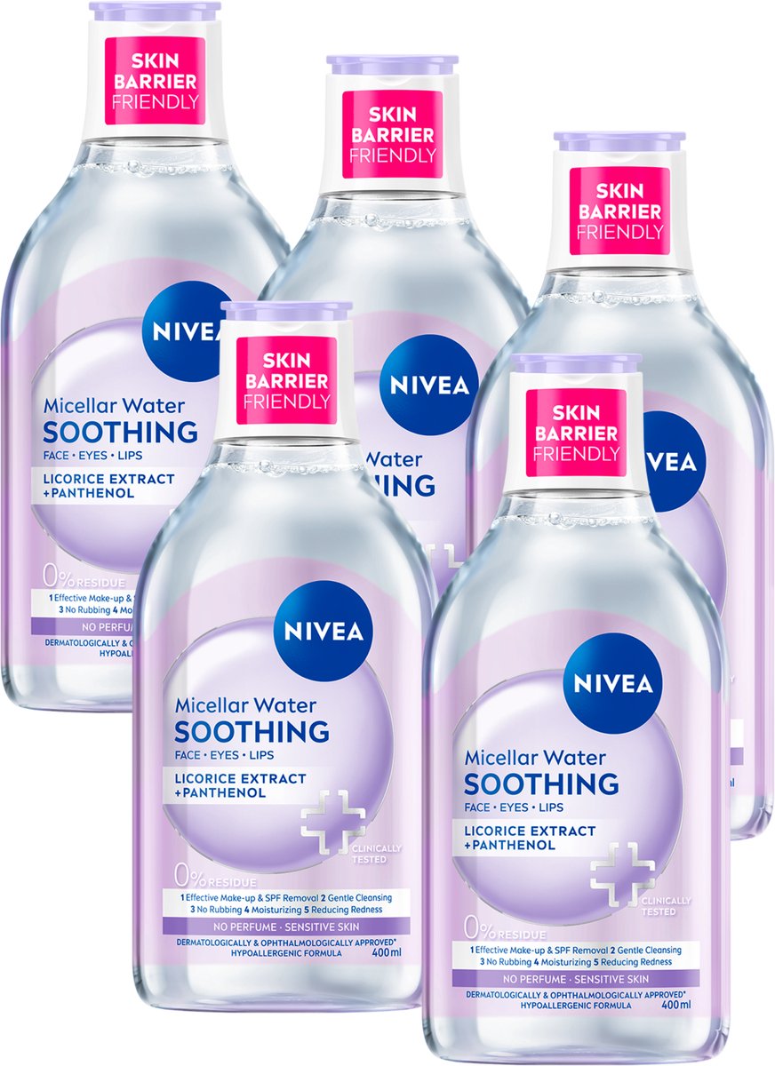 NIVEA Essentials Soothing Micellair Water - Gevoelige huid - Aminozuren - Dexpanthenol - Make-up remover - Face Cleanser - Voordeelverpakking 5x 400 ml