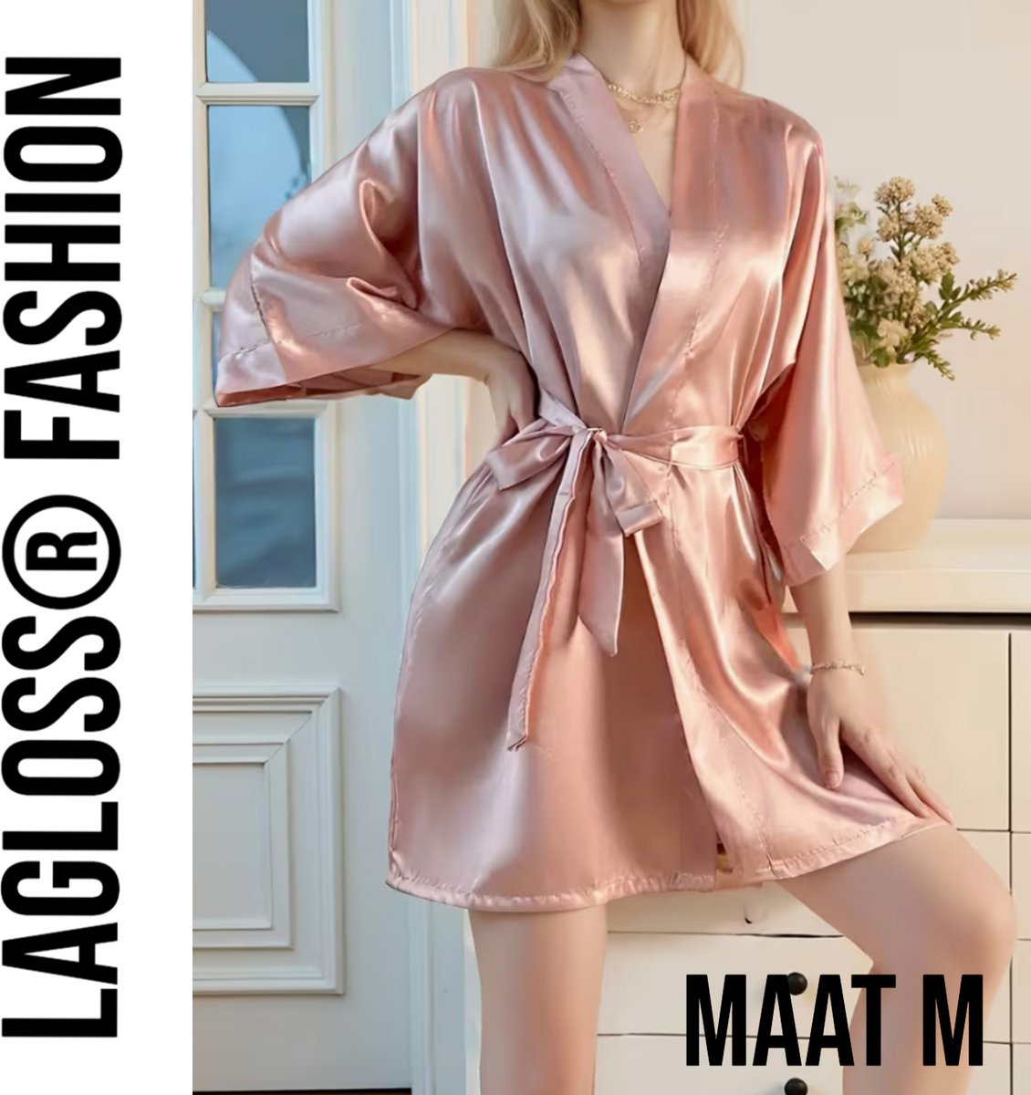 LaGloss® Roze Dames Badjas – Elegante V-Hals met 3/4 Mouwen – Nachtkleding – Maat M